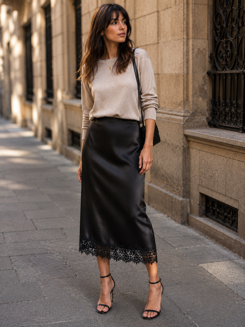 FALDA LENCERA MIDI SATINADA
